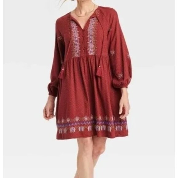Knox Rose Womens Bohemian Embroidered Mini Dress Maroon Long Sleeve Small - Picture 1 of 12
